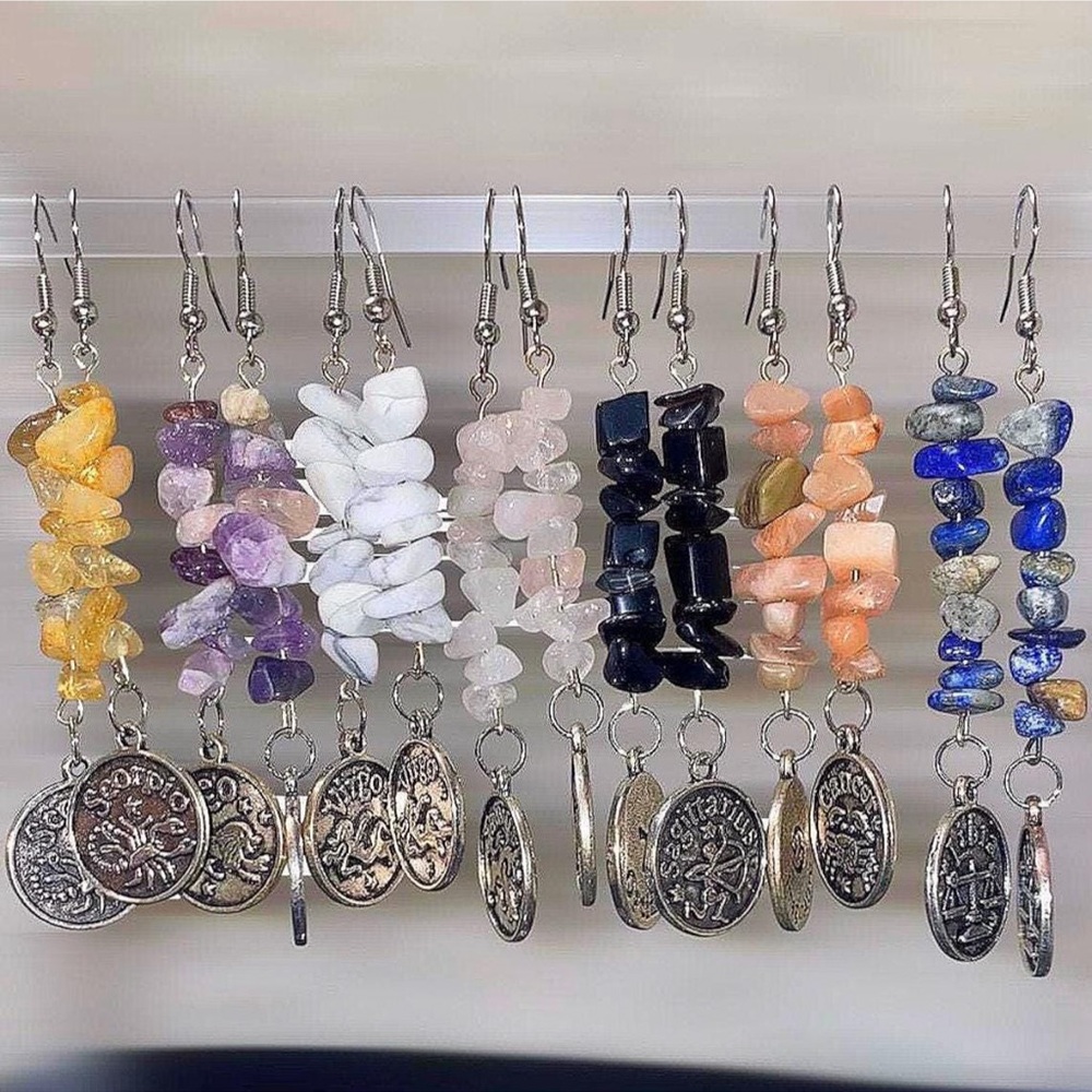 Zodiac Sign Gemstone Earrings with Silver Hooks